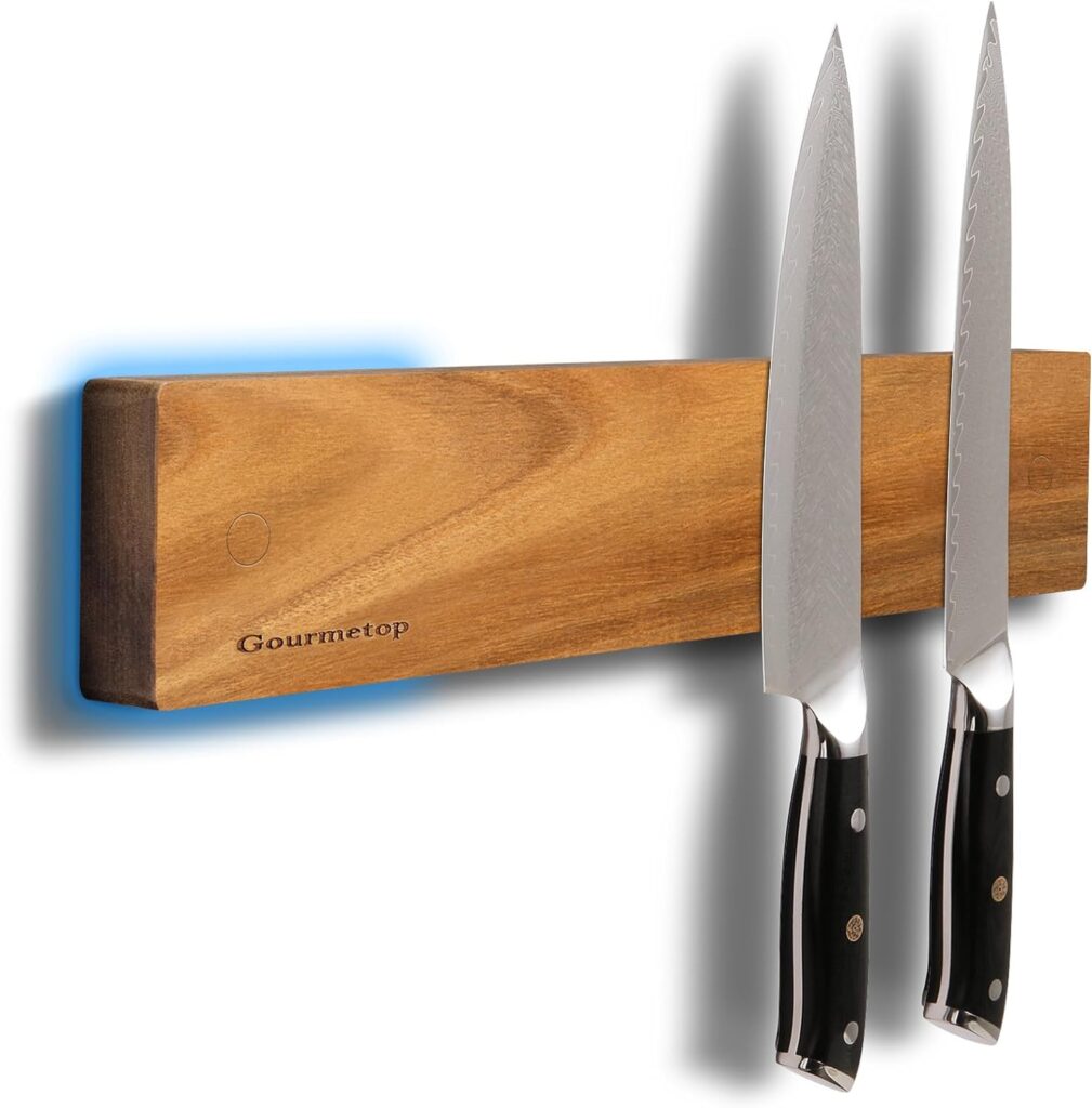 Gourmetop Magnetic Knife Holder for Wall 12inch, Knife Magnetic Strip No Drilling, Acacia Wood Magnetic Knife Holder for Refrigerator, Strong Knife MagnetKnife Rack for Kitchen Utensil Organizer