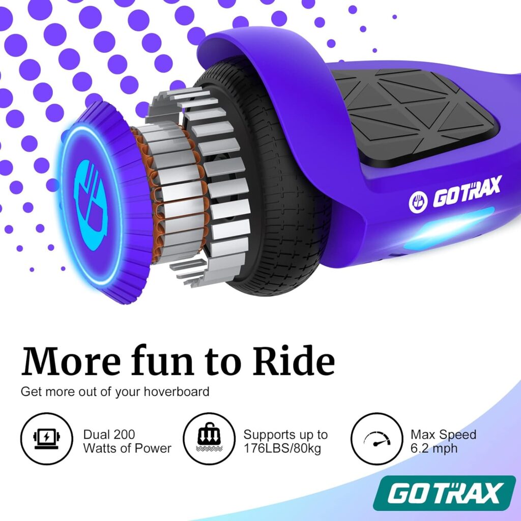 Gotrax Hoverboard with 6.5 LED Wheels Headlight, Top 6.2mph 3.1 Miles Range Power by Dual 200W Motor, UL2272 Certified and 50.4Wh Battery Self Balancing Scooters for 44-176lbs Kids Adults