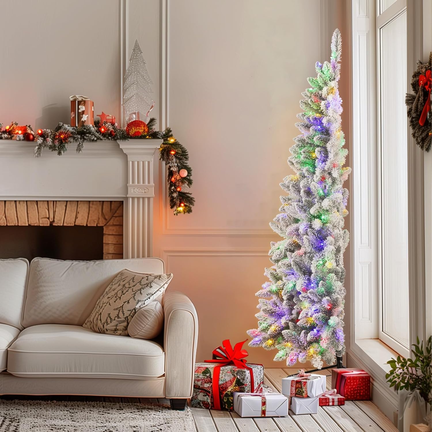 6ft Half Prelit Premium Artificial Hinged Christmas Tree with Remote Control,Timer, and 190 Warm White Multi-Color LED Lights, 453 Branch Tips, Perfect Choice for Xmas Decoration, 6 FT