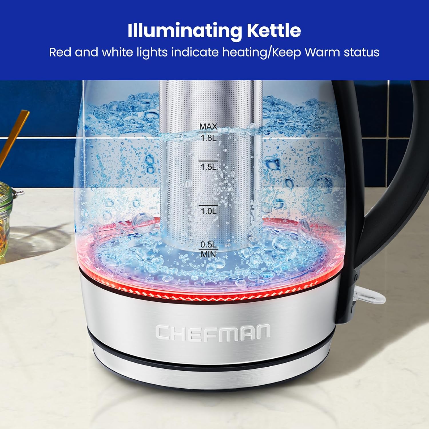 Chefman Electric Kettle, 1.8L 1500W, Hot Water Boiler, Removable Lid for Easy Cleaning, Auto Shut Off, Boil-Dry Protection, Stainless Steel Filter, BPA Free, Borosilicate Glass Electric Tea Kettle