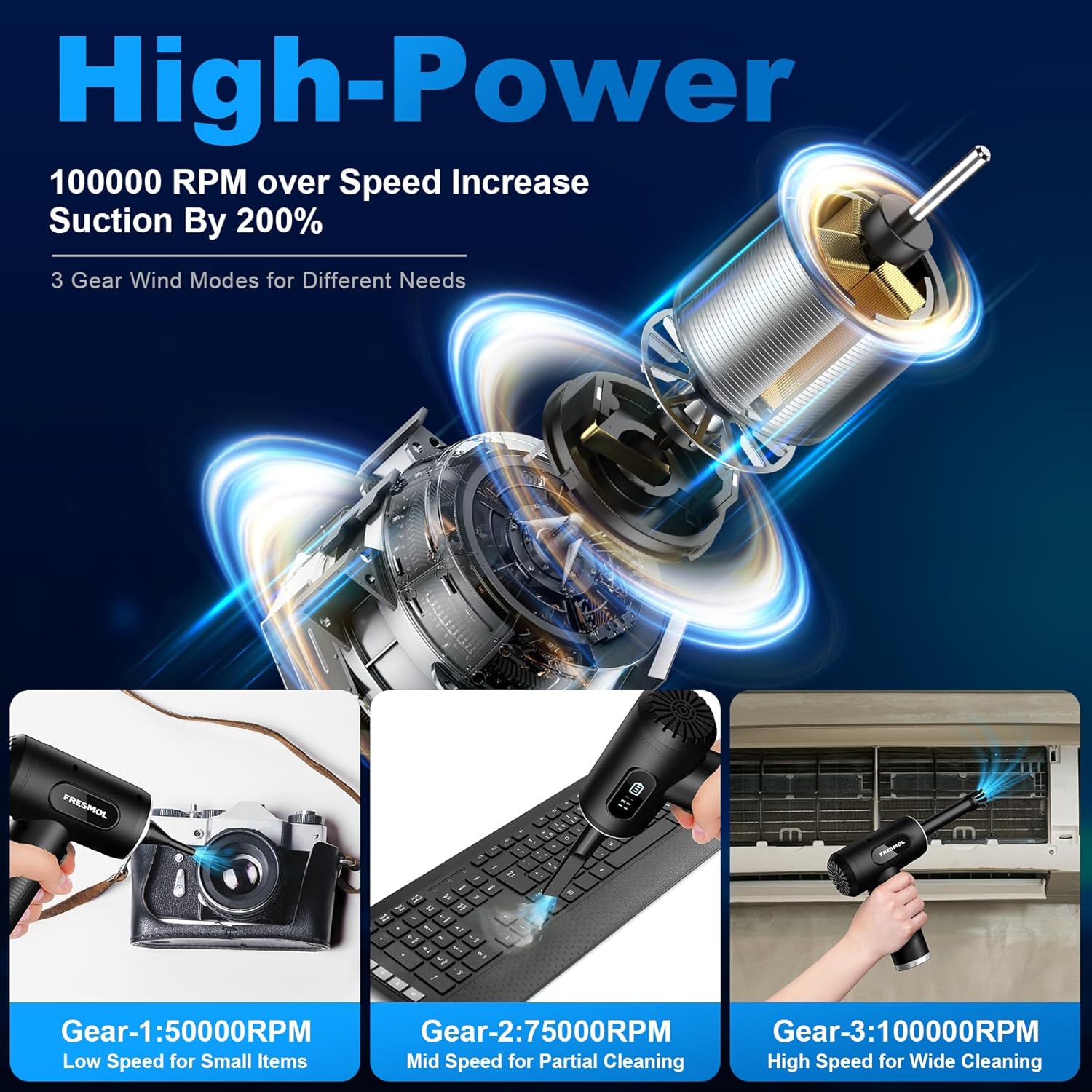 Compressed Air Duster-3 Gear Adjustable 100000RPM Electric Air Duster with LED Light, Rechargeable Cordless Air Blower for Keyboard Electric Devices Cleaning. Replaces Compressed Air Cans (Black) Compressed Air Duster-3 Gear Adjustable 100000RPM Electric Air Duster with LED Light, Rechargeable Cordless Air Blower for Keyboard Electric Devices Cleaning. Replaces Compressed Air Cans (Black)