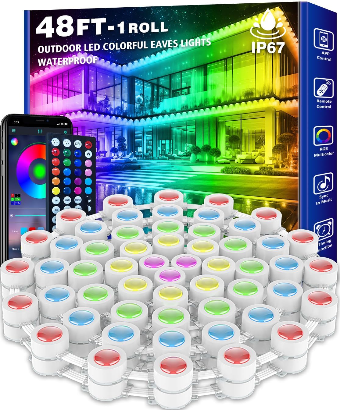 150FT Permanent Outdoor RGB Lights - IP67 Waterproof with Smart App Control Remote, DIY Scene Modes, Music Synchronization, Eaves Lights for Garden Decor, Deck, Christmas, Party, Party, Halloween,Roof