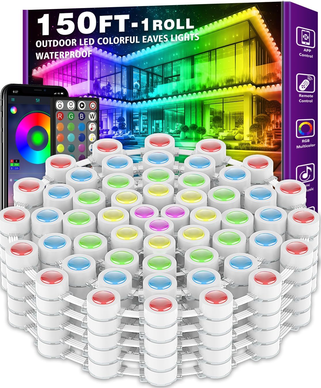150FT Permanent Outdoor RGB Lights - IP67 Waterproof with Smart App Control Remote, DIY Scene Modes, Music Synchronization, Eaves Lights for Garden Decor, Deck, Christmas, Party, Party, Halloween,Roof