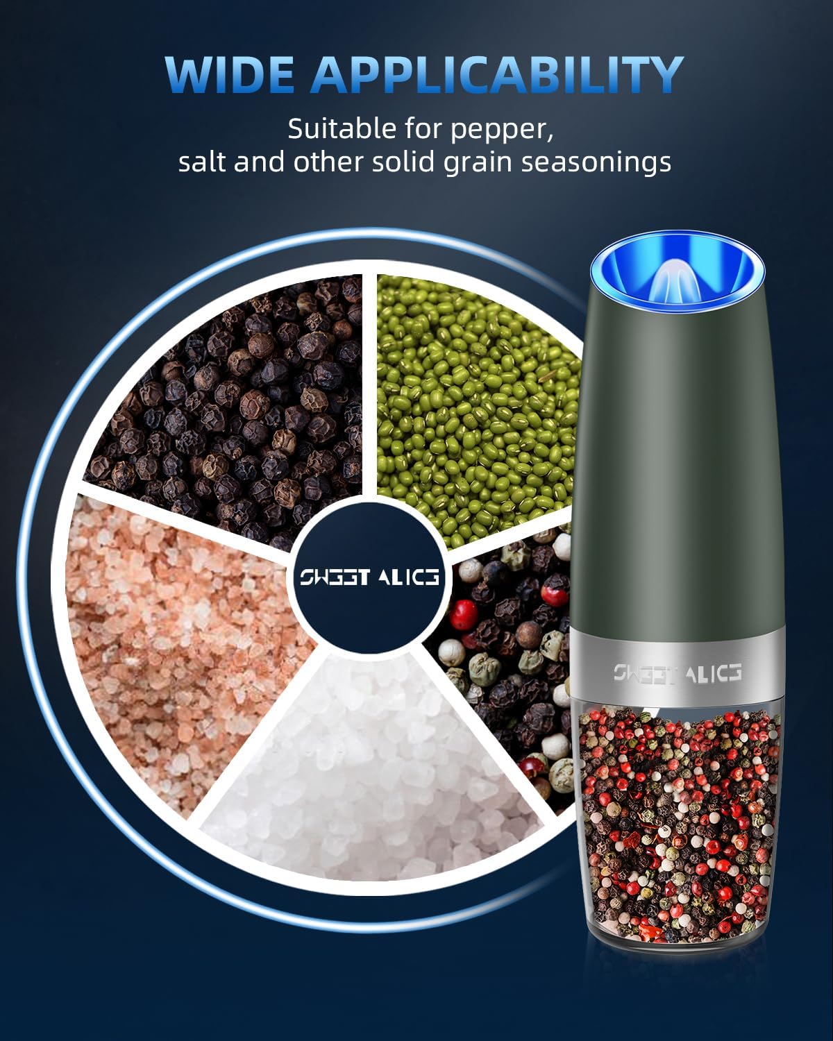 Sweet Alice Gravity Electric Pepper and Salt Grinder Set, Adjustable Coarseness, Battery Powered with LED Light, One Hand Automatic Operation, Stainless Steel Black, 2 Pack