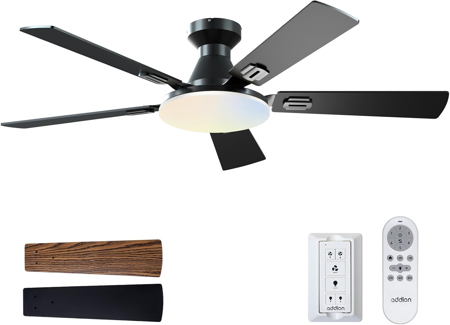 addlon Ceiling Fans with Lights, 52 inch Flush Mount Ceiling fan with Remote Control, Wall Remote, Reversible, 5CCT, Dimmable, Noiseless DC Motor, White Low Profile Ceiling Fan for Bedroom, Farmhouse