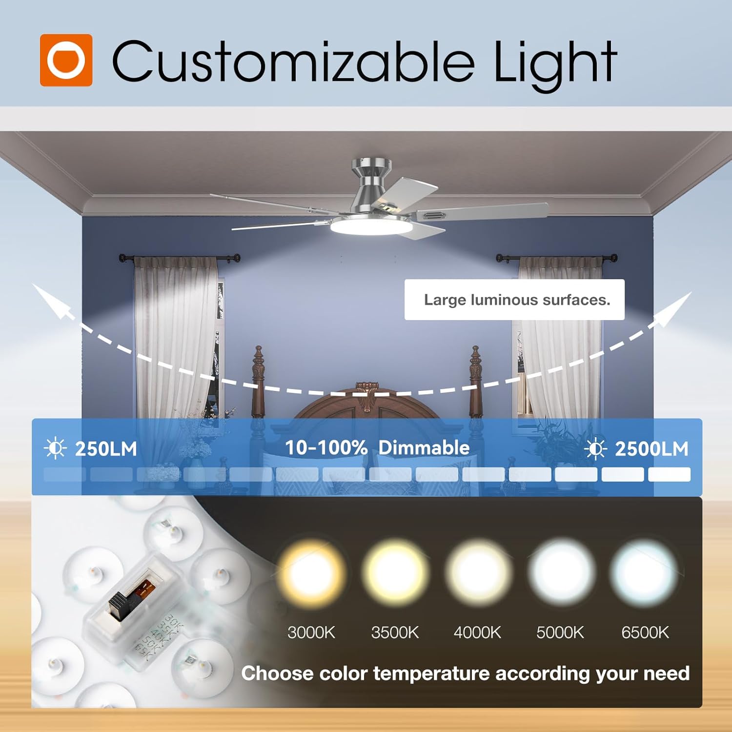 addlon Ceiling Fans with Lights, 52 inch Flush Mount Ceiling fan with Remote Control, Wall Remote, Reversible, 5CCT, Dimmable, Noiseless DC Motor, White Low Profile Ceiling Fan for Bedroom, Farmhouse