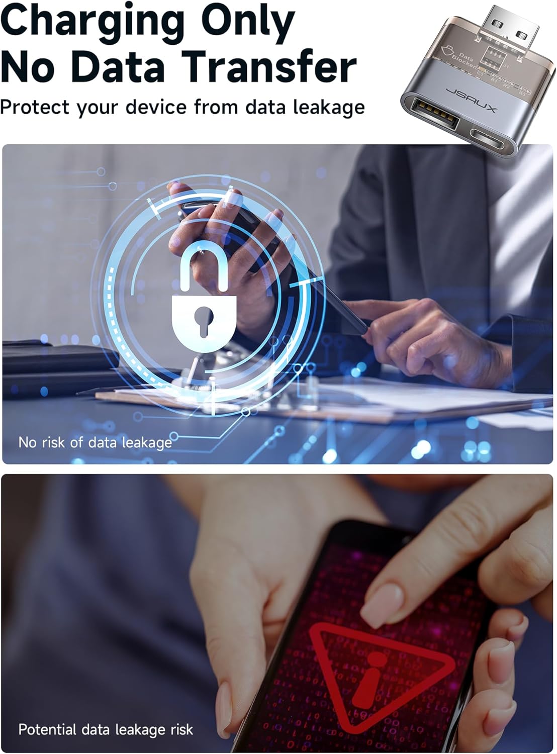 JSAUX USB Data Blocker USB C Data Blocker (4-Pack), Transparent Type A Type C Data Blocker Only for Charge, Protect Against Juice Jacking, Refuse Hacking Provide Safe Charging